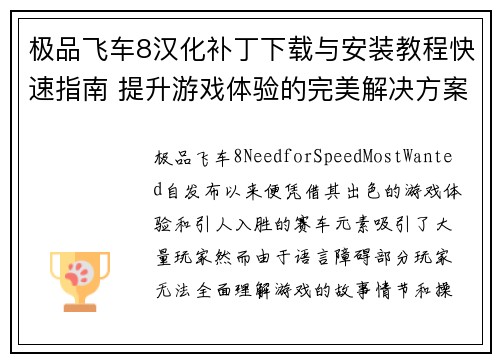 极品飞车8汉化补丁下载与安装教程快速指南 提升游戏体验的完美解决方案